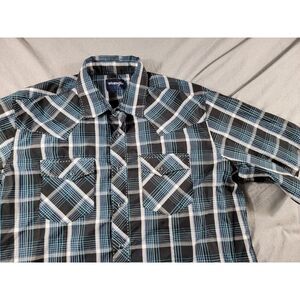 Wrangler Pearl Snap Mens‎ Size XL Short Sleeve Blue Black Plaid White Stitching